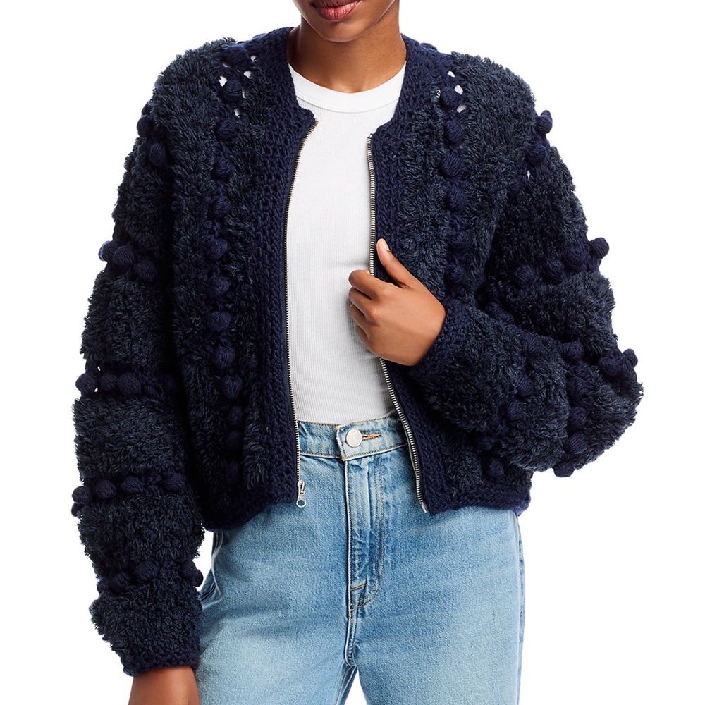 Frame Navy Pom Pom Zip Cardigan